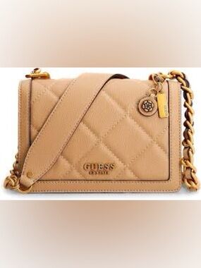 GUESS Abey Quilted Beige/Tan Crossbody Bag with Gold Hardware